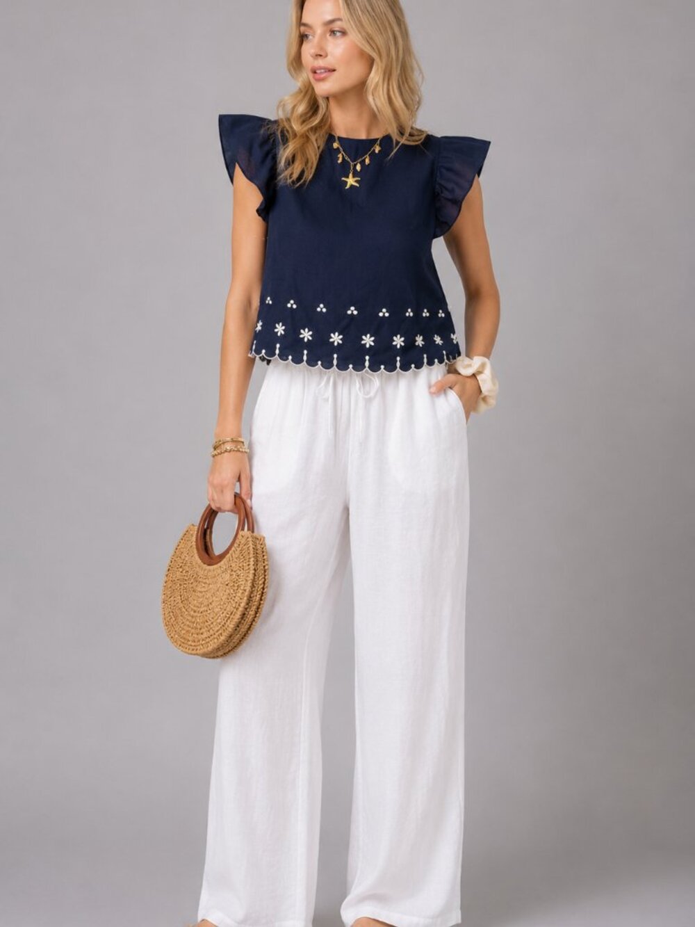 Women's Cotton Navy Blue Embroidered Flutter Sleeve Boho Blouse Summer Cotton To - Picture 6 of 7